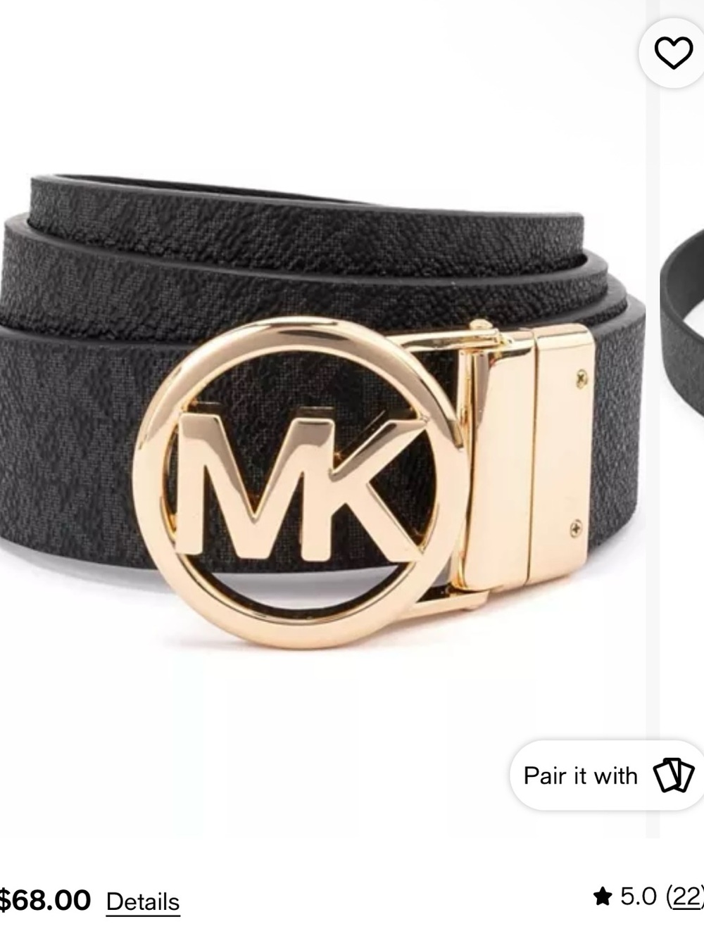 MK Logo Black Leather-Texture Belt with Gold Buckle